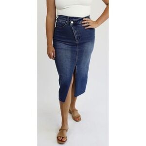 Alexander Jane Blue Denim Stretch Tummy Control Edgy CrossOver XL Midi Skirt